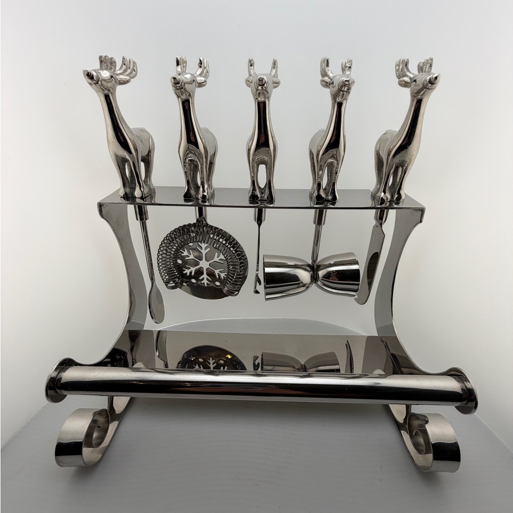 Vintage Neiman Marcus Reindeer Bar Tool Set 5 Piece Cocktail Set With Stand EUC